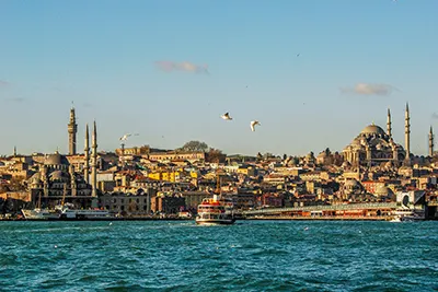 Istanbul, the city where Europe meets Asia with grand mosques and bazaars.