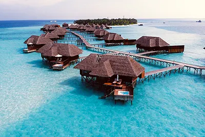 Maldives, a tropical island nation famed for coral reefs and overwater villas.