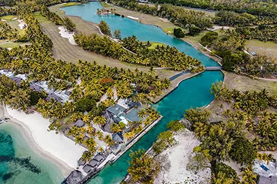 Mauritius, a tropical island nation with coral reefs and turquoise lagoons.